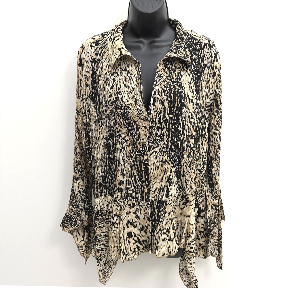 Milano Blouse Plisse Abstract Animal Print XL Tan Black